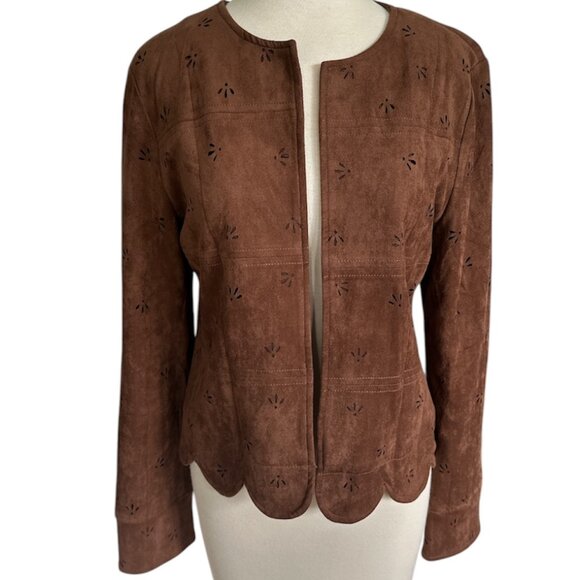 Faux Suede Brown Scalloped Light Weight Jacket - Picture 2 of 11